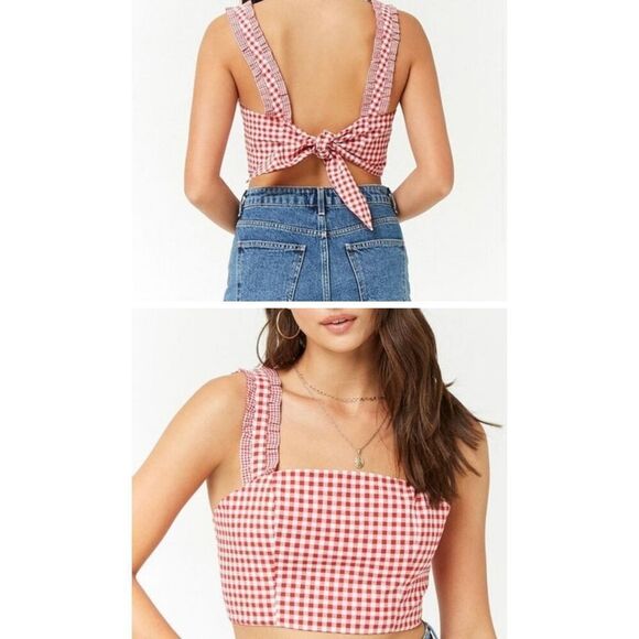 Forever 21 red gingham, tie back ruffle, trim, crop top size medium - Picture 1 of 6